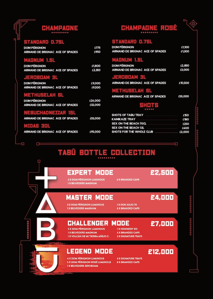 tabu bottle menu